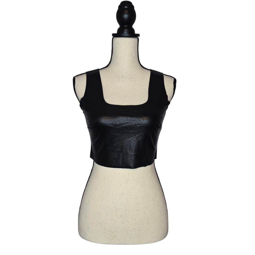 Commando Black Faux Leather Squareneck Crop Top Raw Cut Hem Stretch Tank Size M